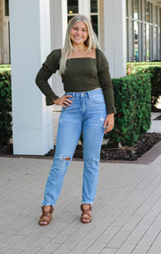 The Shirred Long Sleeve Crop (Olive)