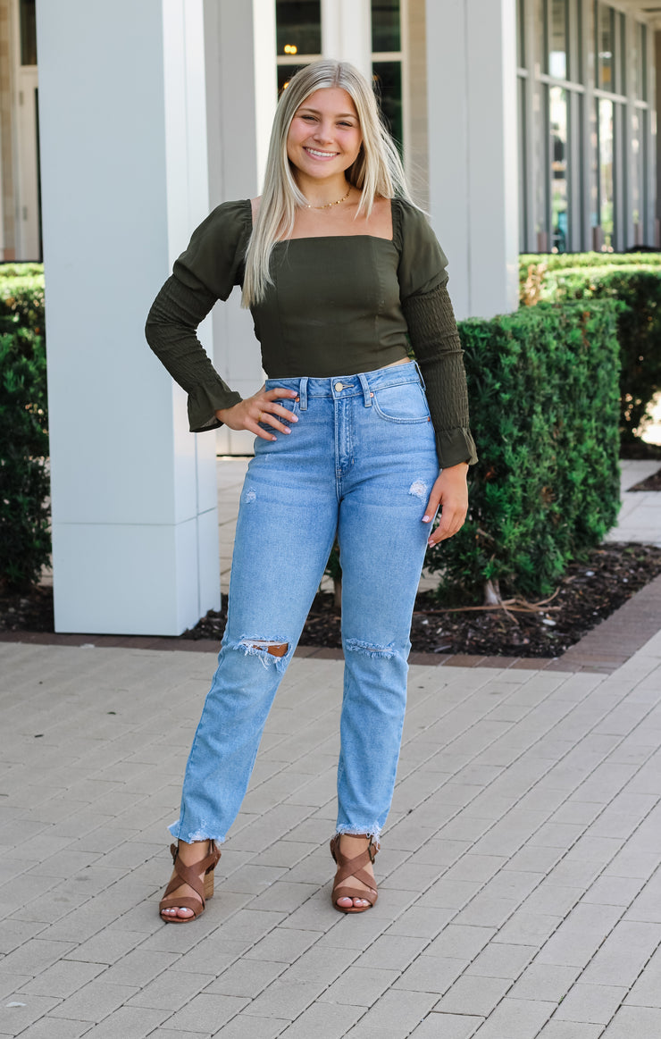 The Shirred Long Sleeve Crop (Olive)