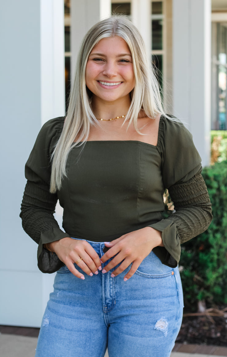 The Shirred Long Sleeve Crop (Olive)