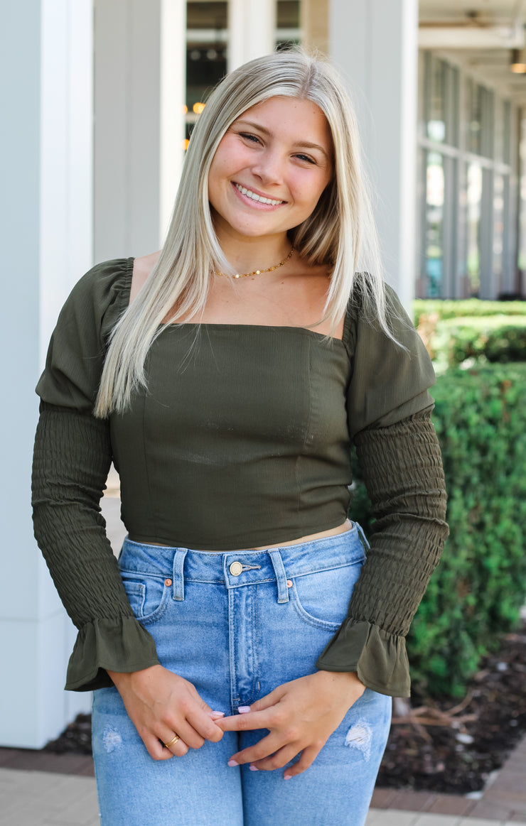 The Shirred Long Sleeve Crop (Olive)