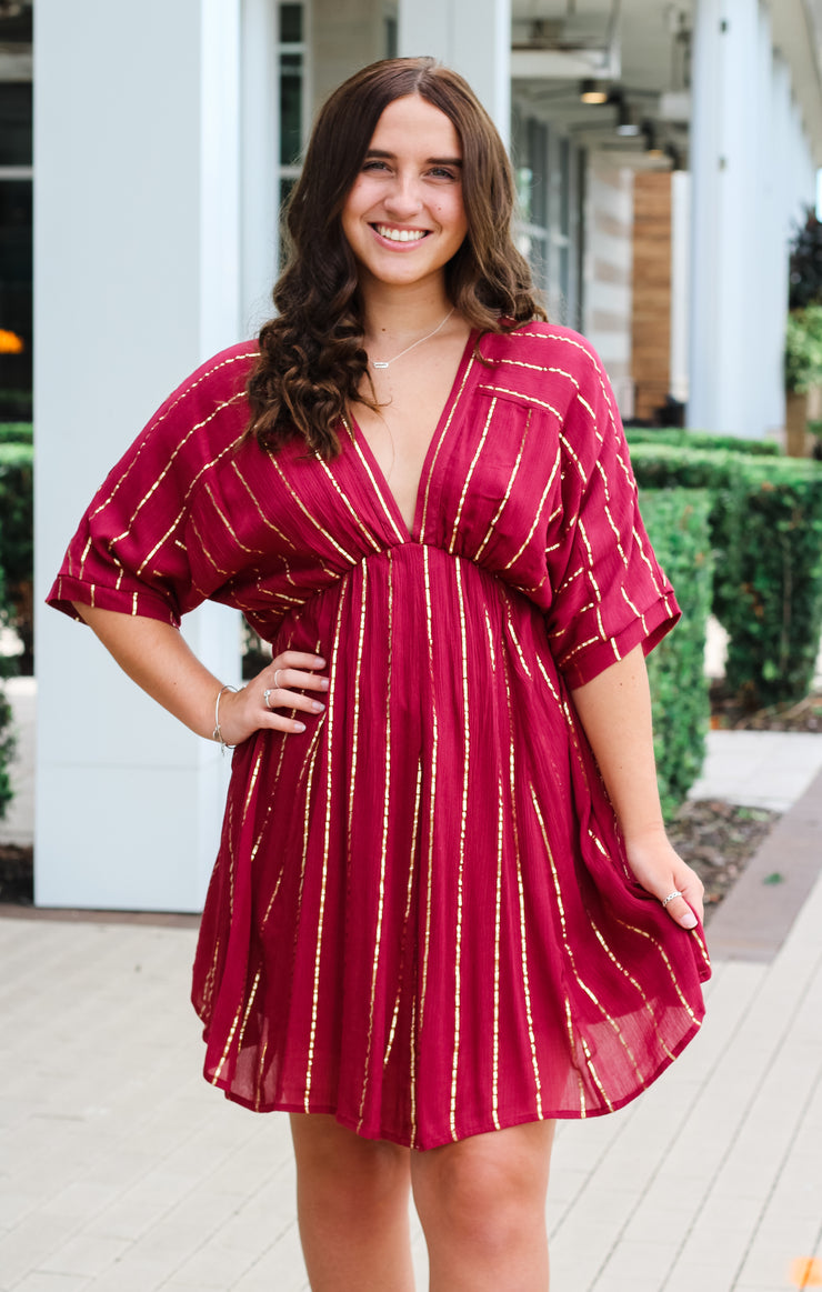 The Sequin Stripe Mini Dress (Garnet & Gold)