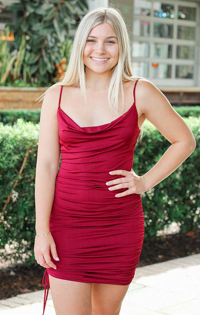 The Ruched Cowl Neck Mini (Garnet)
