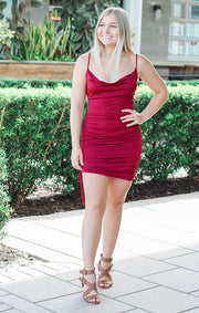 The Ruched Cowl Neck Mini (Garnet)